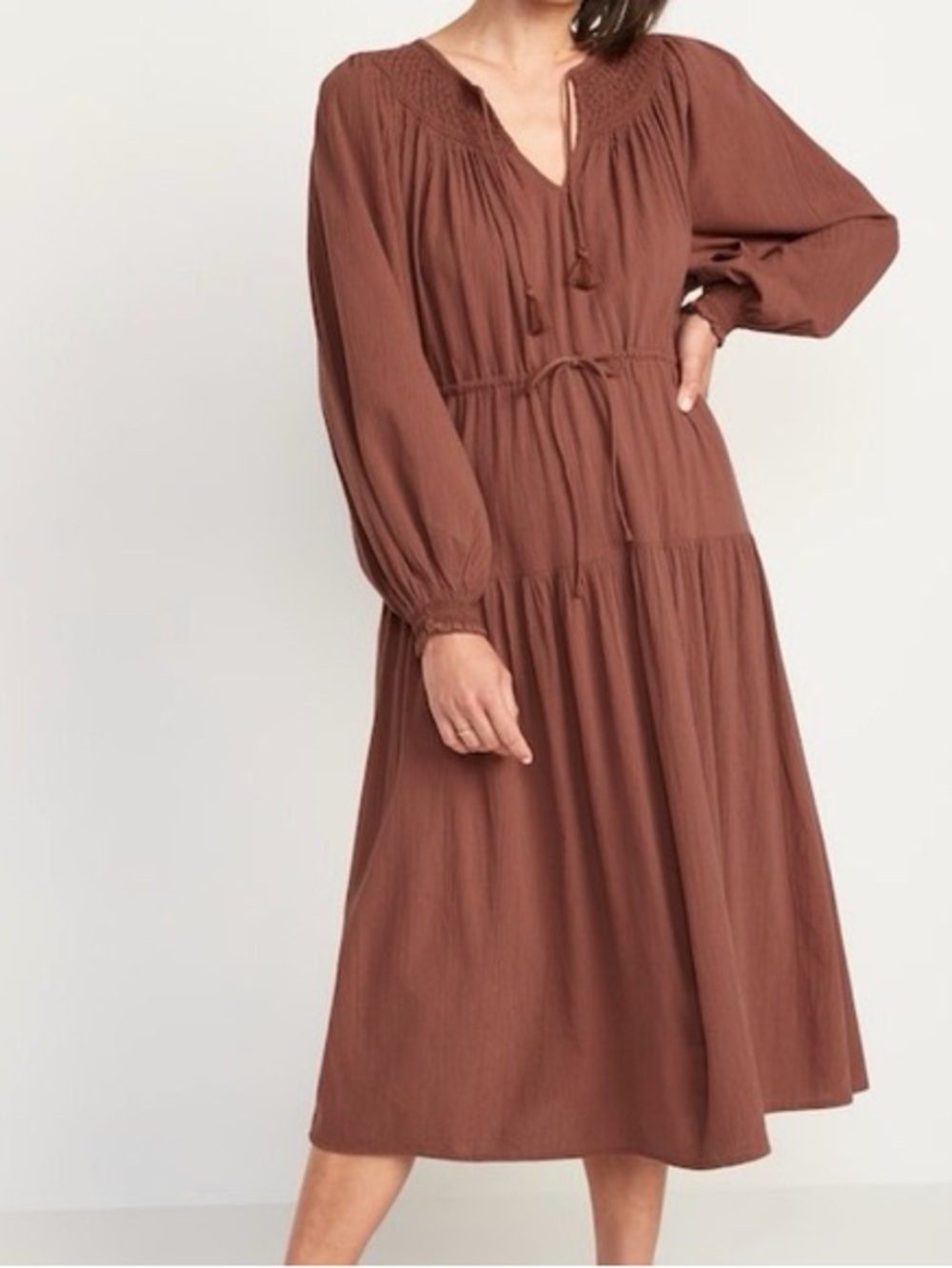 Old Navy Rust Brown Tiered Long-Sleeve Midi Dress